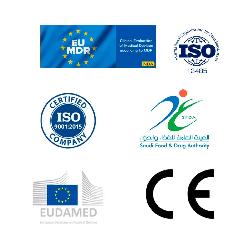 Sellos EU MDR, ISO 13485, ISO 9001, SFDA, EUDAMED y CE